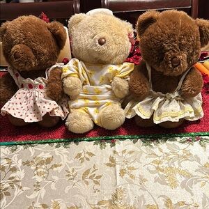 3 DanDee Teddy Bears; 2 Chocolate Brown & one Blonde;Dressed in Original Outfits
